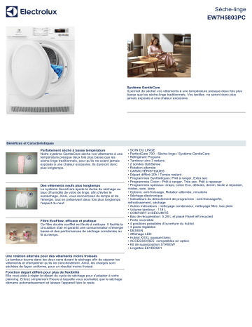 Product information | Electrolux EW7H5803PC Sèche linge pompe à chaleur Product fiche | Fixfr