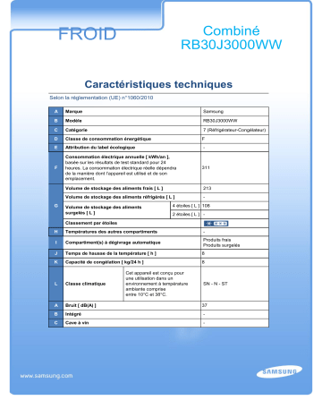 Product information | Samsung RB30J3000W Réfrigérateur combiné Product fiche | Fixfr