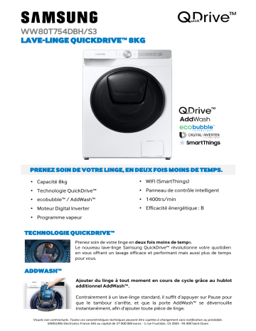 Product information | Samsung WW80T754DBH QUICKDRIVE Lave linge hublot Product fiche | Fixfr