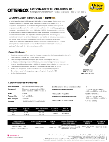 Product information | Otterbox USB-C 18W + Cable USB C-C 1M Noir Chargeur secteur Product fiche | Fixfr