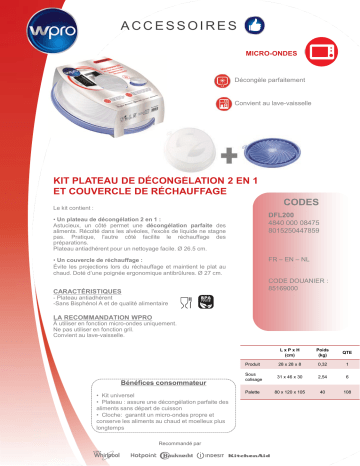 Product information | Wpro plateau décongélation et cloche DFL200 Cloche anti-projection Product fiche | Fixfr