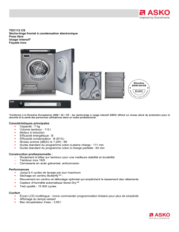Product information | Asko TDC112CS encastrable Sèche linge à condensation Product fiche | Fixfr