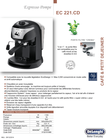 Product information | Delonghi EC 221.B Machine à expresso Product fiche | Fixfr