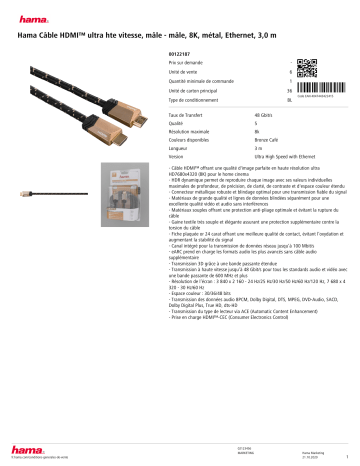 Product information | Hama 8K metal ethernet 3M Câble HDMI Product fiche | Fixfr
