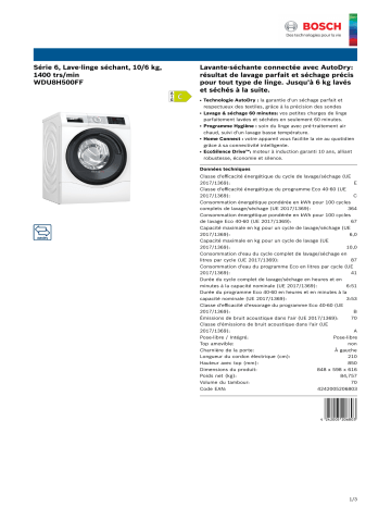 Product information | Bosch WDU8H500FF Lave linge séchant hublot Product fiche | Fixfr