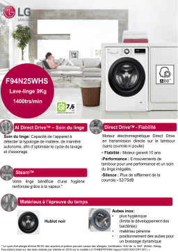 LG F94N25WHS Lave linge hublot Product fiche