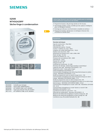 Product information | Siemens WT45G429FF Sèche linge à condensation Product fiche | Fixfr