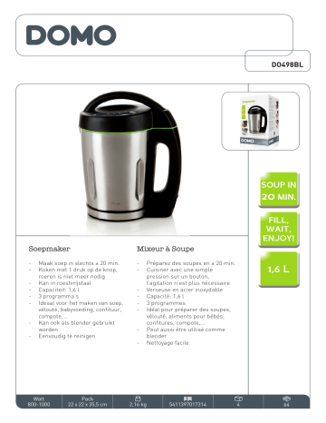 Product information | Domo Soupe Maker DO498BL Blender chauffant Manuel utilisateur | Fixfr