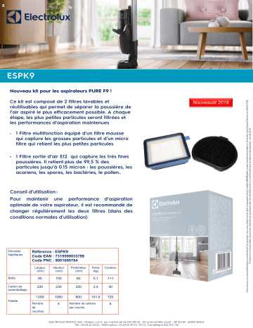 Product information | Electrolux ESPK9 Kit filtres pour Pure F9 Filtre Product fiche | Fixfr