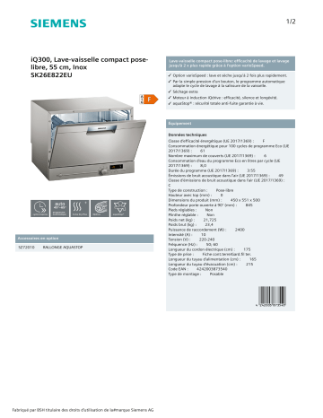 Product information | Siemens SK26E822EU IQ300 Lave vaiselle sous plan Product fiche | Fixfr