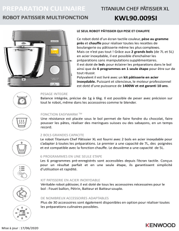 Product information | Kenwood KWL90.009SI Titanium Chef Patissier XL Robot pâtissier Product fiche | Fixfr