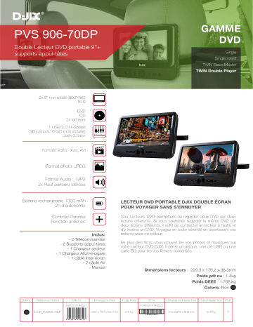 Product information | D-Jix PVS 906-70DP TWIN Double Player Lecteur DVD portable double écran Product fiche | Fixfr