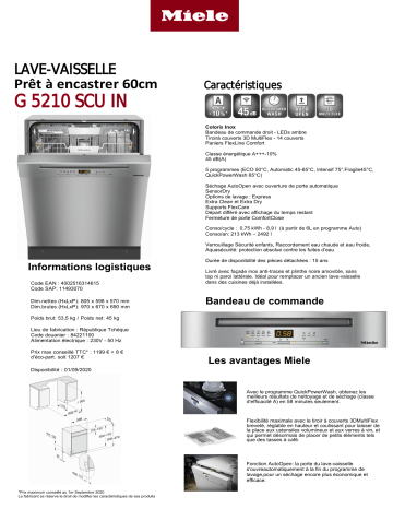 Product information | Miele G 5210 SCU inox Lave vaisselle encastrable Product fiche | Fixfr