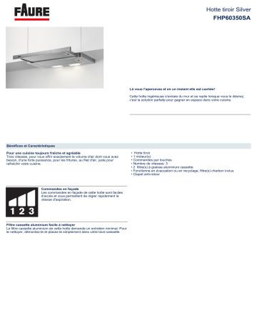 Product information | Faure FHP60350SA Hotte tiroir Product fiche | Fixfr