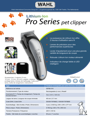 Product information | Wahl pour animaux Lithium Ion Pet Clipper Tondeuse pour chien professionnelle Product fiche | Fixfr