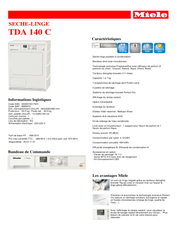 Product information | Miele TDA 140C Sèche linge à condensation Product fiche | Fixfr