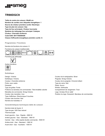 Product information | Smeg TR90DGC9 Dolce Gabbana Piano de cuisson Product fiche | Fixfr