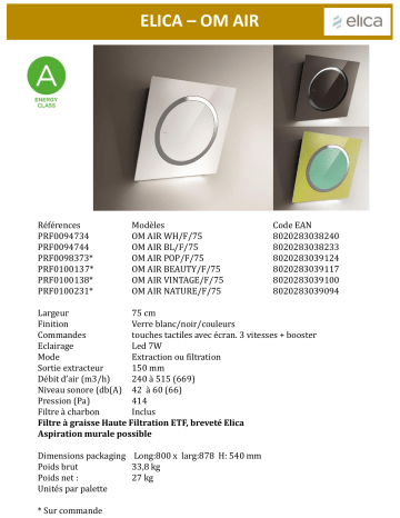 OM AIR WH/F/75 | Product information | Elica OM AIR NATURE/F/75 Hotte décorative murale Product fiche | Fixfr