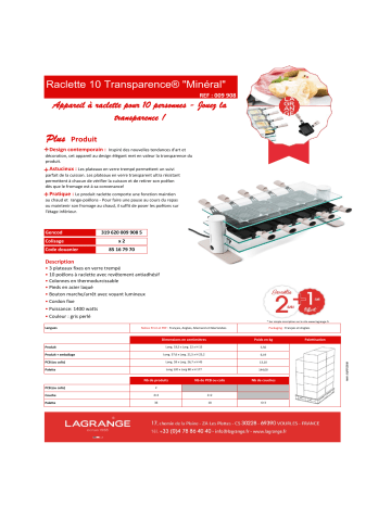 Product information | Lagrange Transparence Mineral 10p Raclette Product fiche | Fixfr