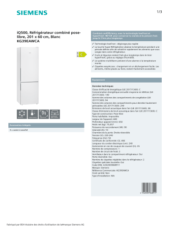 Product information | Siemens KG39EAWCA Réfrigérateur combiné Product fiche | Fixfr