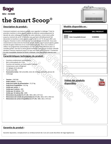 Product information | Sage Appliances Scoop SCI600BSS2EEU1 Turbine à glace Product fiche | Fixfr