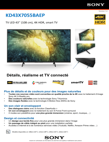 Product information | Sony KD43X7055 TV LED Product fiche | Fixfr