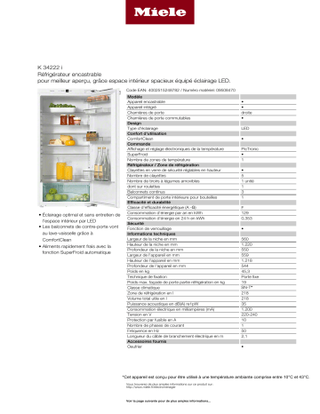 Product information | Miele K 34222 i Réfrigérateur 1 porte encastrable Product fiche | Fixfr