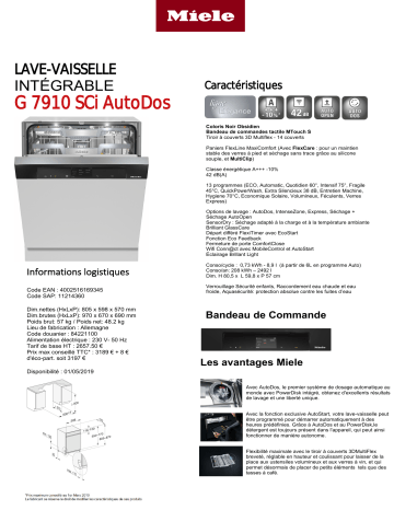 Product information | Miele G 7910 SCi AutoDos Lave vaisselle encastrable Product fiche | Fixfr