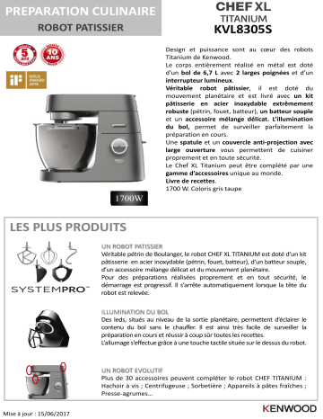 Product information | Kenwood KVL8305S Chef XLTitanium - livre recette Robot pâtissier Product fiche | Fixfr
