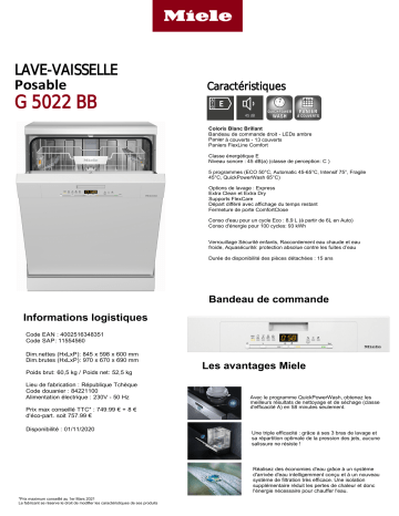 Product information | Miele G 5022 BB Lave vaisselle 60 cm Product fiche | Fixfr