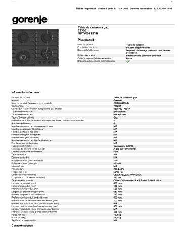 Product information | Gorenje GKTW641SYB Table gaz Product fiche | Fixfr