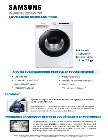 Product information | Samsung WW80T552DAW AddWash Lave linge hublot Product fiche | Fixfr