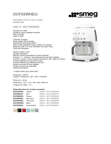 Product information | Smeg DCF02WHEU Cafetière programmable Product fiche | Fixfr