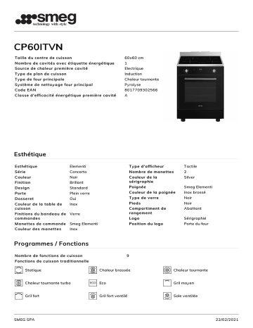 Product information | Smeg CP60ITVN Cuisinière induction Product fiche | Fixfr