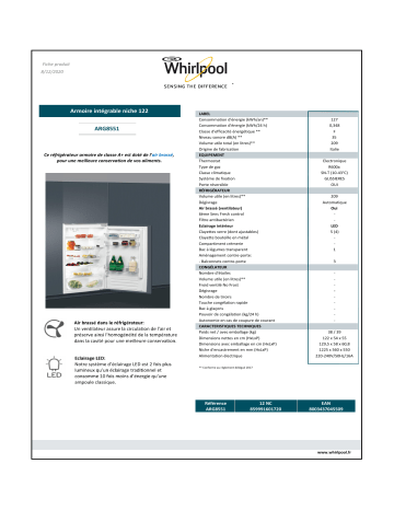 Product information | Whirlpool ARG8551 Réfrigérateur 1 porte encastrable Product fiche | Fixfr