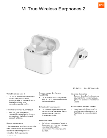 Product information | Xiaomi Mi True Wireless Earphones 2 Blanc Ecouteurs Product fiche | Fixfr