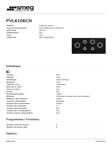 Product information | Smeg PVL6106CN Table gaz Product fiche | Fixfr