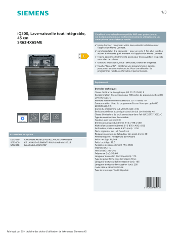 Product information | Siemens SR63HX65ME IQ300 Lave vaisselle tout intégrable Product fiche | Fixfr