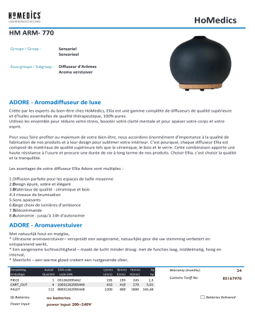 Product information | Ellia Adore HM ARM-770 Diffuseur d'Arome Manuel utilisateur | Fixfr