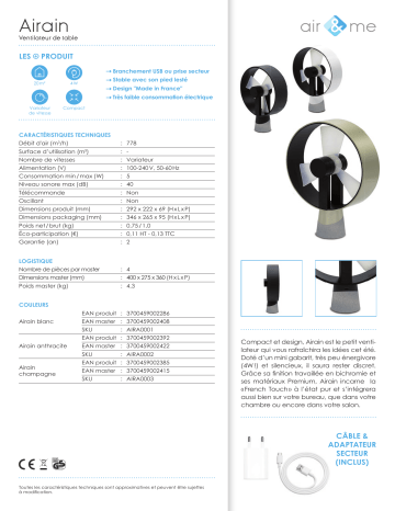 Product information | Air And Me AIRA0001 AIRAIN BLANC Ventilateur Product fiche | Fixfr