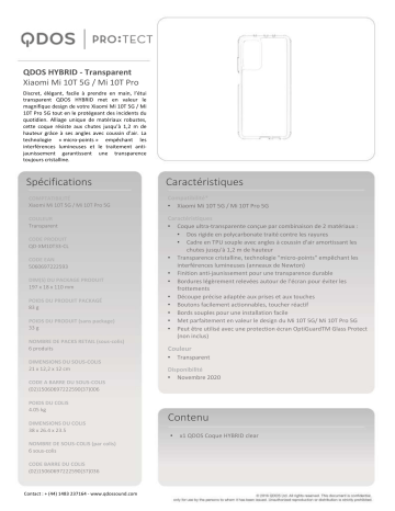 Product information | Qdos Xiaomi Mi 10T/Pro Hybrid transparent Coque Product fiche | Fixfr