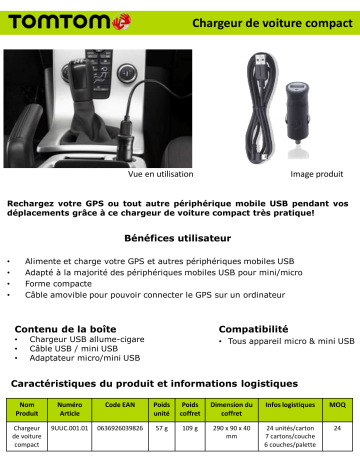 Product information | Tomtom CAC usb + cable micro usb Chargeur allume-cigare Product fiche | Fixfr