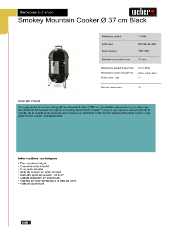 Product information | Weber SMOKEY MOUTAIN COOKER 37 cm noir Fumoir Product fiche | Fixfr
