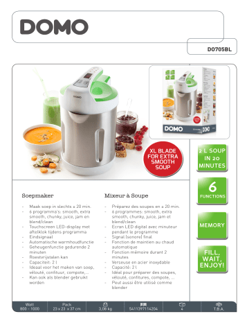 Product information | Domo Soupe Maker DO705BL Blender chauffant Manuel utilisateur | Fixfr