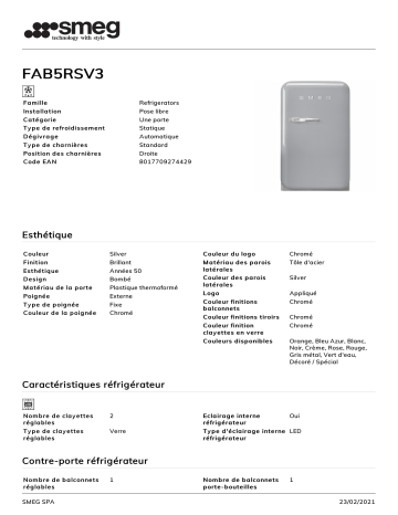 Product information | Smeg FAB5RSV3 Mini réfrigérateur Product fiche | Fixfr
