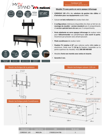 Product information | Meliconi Cordoue 120 cm bois Meuble TV Product fiche | Fixfr
