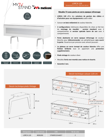 Product information | Meliconi Lorca 120 cm blanc Meuble TV Product fiche | Fixfr