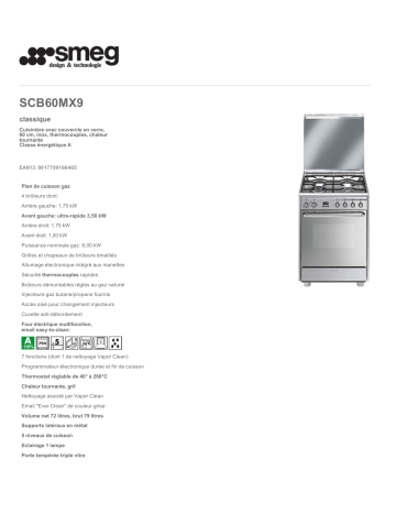 Product information | Smeg SCB60MX9 Cuisinière mixte Product fiche | Fixfr