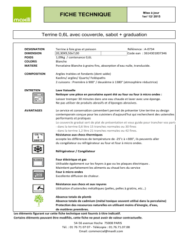 Product information | Les Artistes 0.6L avec couvercle sabot et graduation Terrine Product fiche | Fixfr