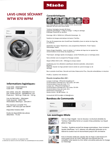 Product information | Miele WTW 870 WPM Lave linge séchant hublot Product fiche | Fixfr